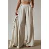 Female Beige Double Button Detailed Waist Tire Linen Palazzo Pants