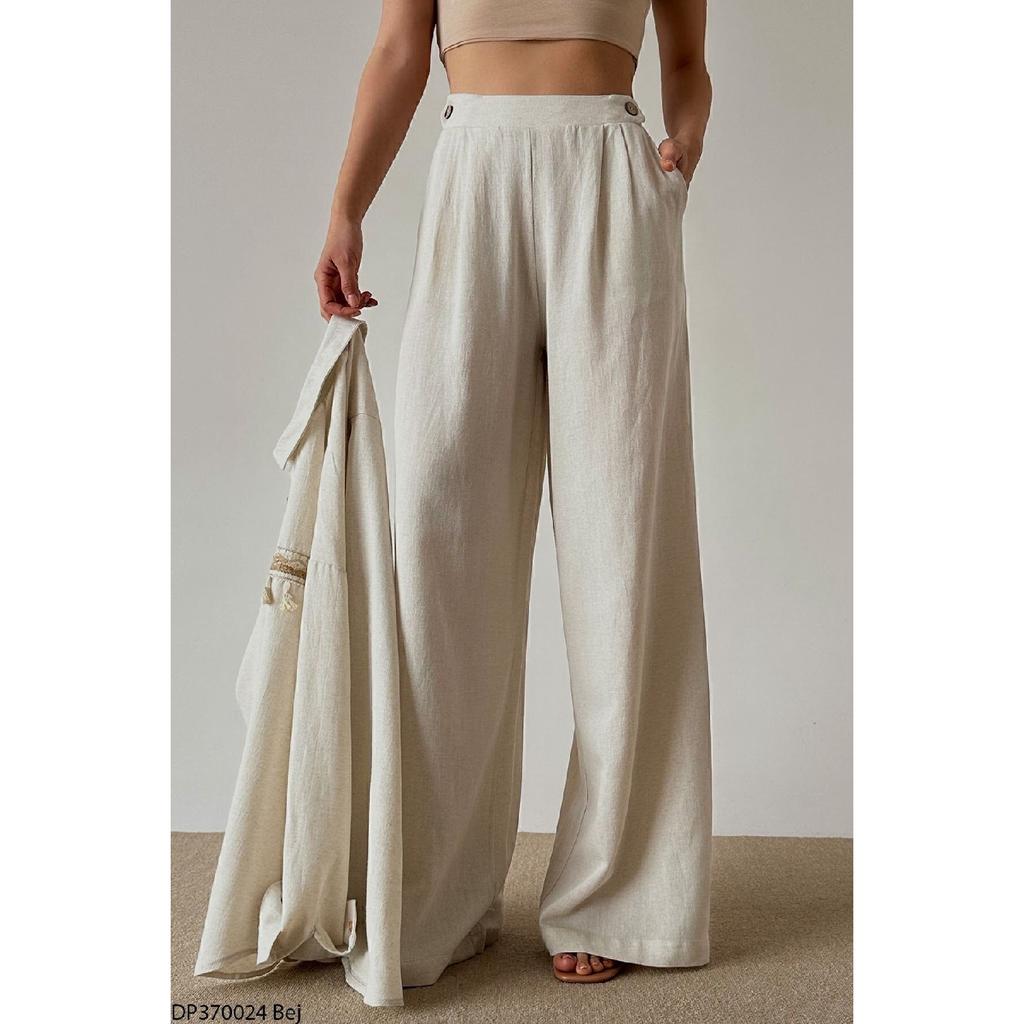 Female Beige Double Button Detailed Waist Tire Linen Palazzo Pants