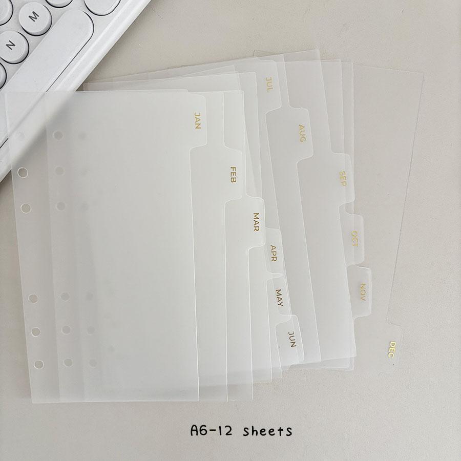 A5 A6 12pcs Frosted Devides With Monthly Tag, High Transparency PP Material Loose Leaf Baffle Board, Binder Notebook Index Pages