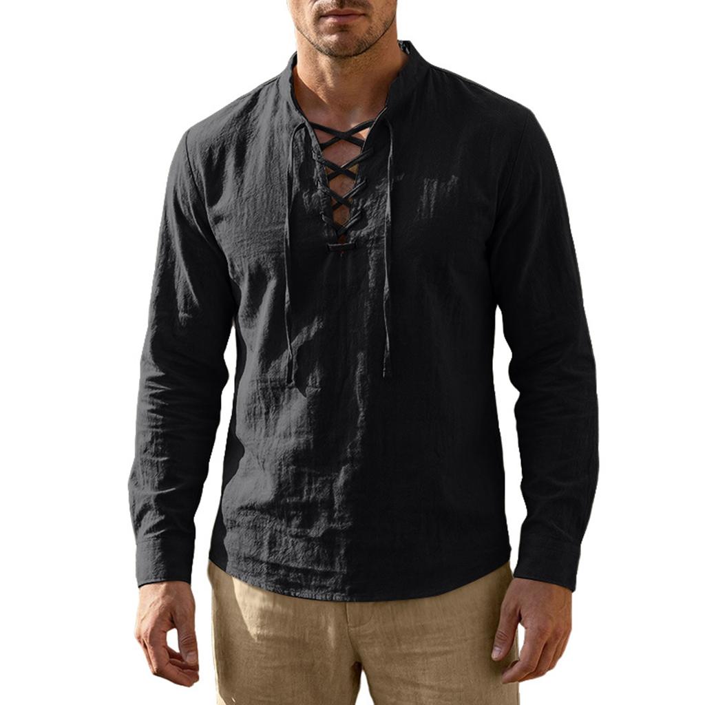 Herren Baumwoll-Leinen Kordelzugkragen Langarm Oberteil Herren Lässig Stilvolles Langarmhemd