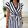 European and American Classic Navy Blue Striped V-neck Flying Sleeve Long Dress, Waist Lace-up Big Pendulum Dress D