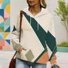 Women Plus Size Long Sleeve Geometric Printed Blue White Hoodie Pullover With Kangaroo Pocket