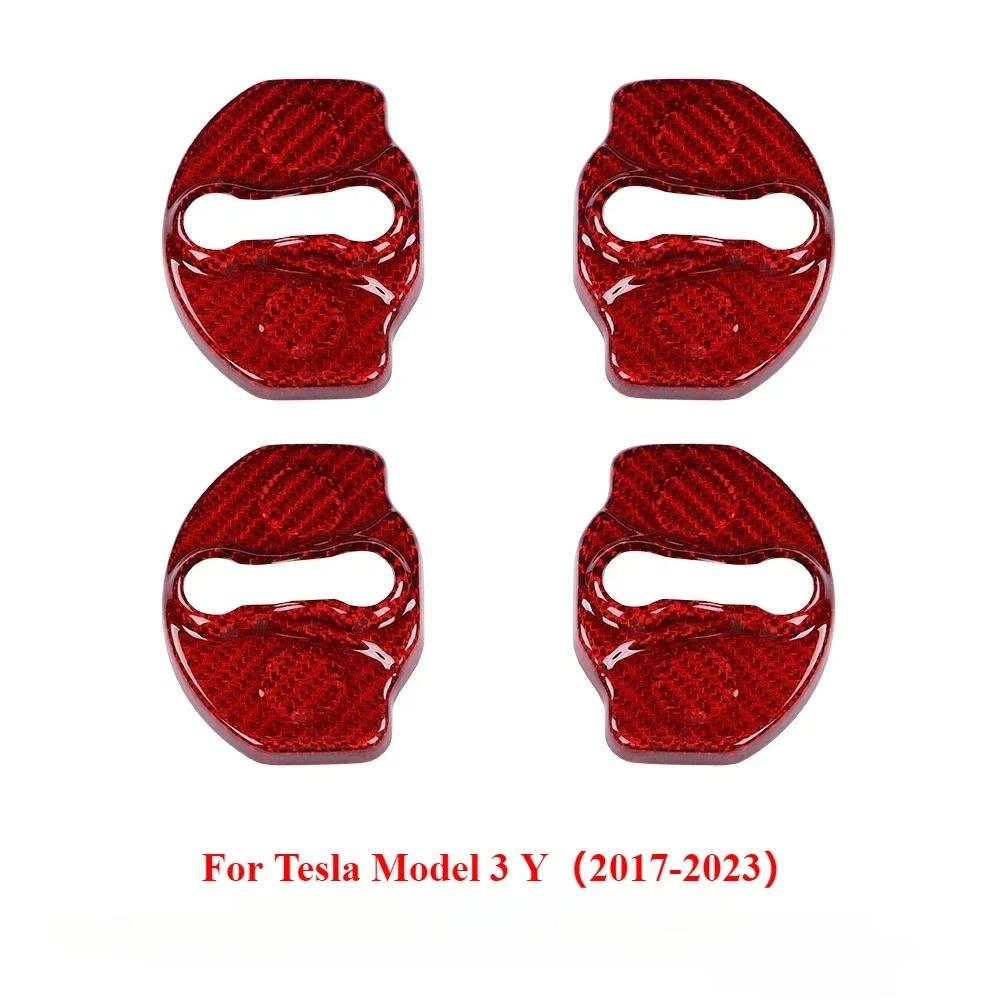 For Tesla Model Y 3 Interior Accessories Real Dry Carbon Fiber 4pcs Door Lock Buckle Protector Cover Latches Door Stopper Covers