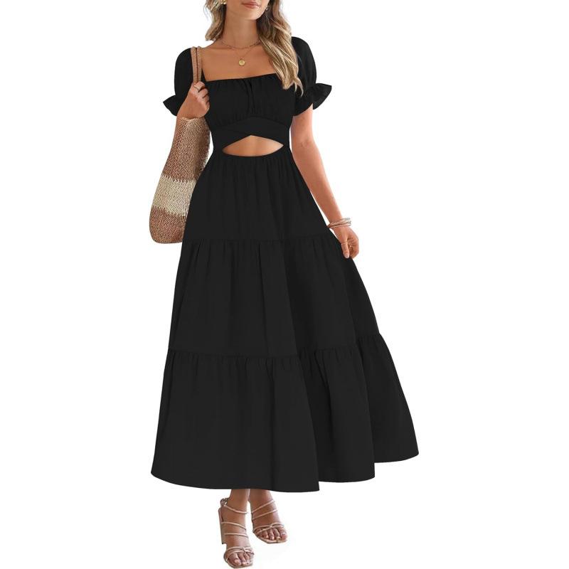 Xiaoxiangfeng 2026 summer short-sleeved pleated hollow layered square collar A-shaped long dress women S чёрный