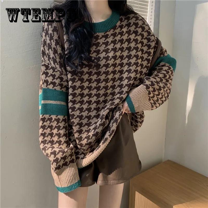 

Ленивый свитер в корейском стиле, женский осенне-зимний вязаный модный свободный топ в иностранном стиле с круглым вырезом в стиле ретро, ​​топ с узором «гусиные лапки»