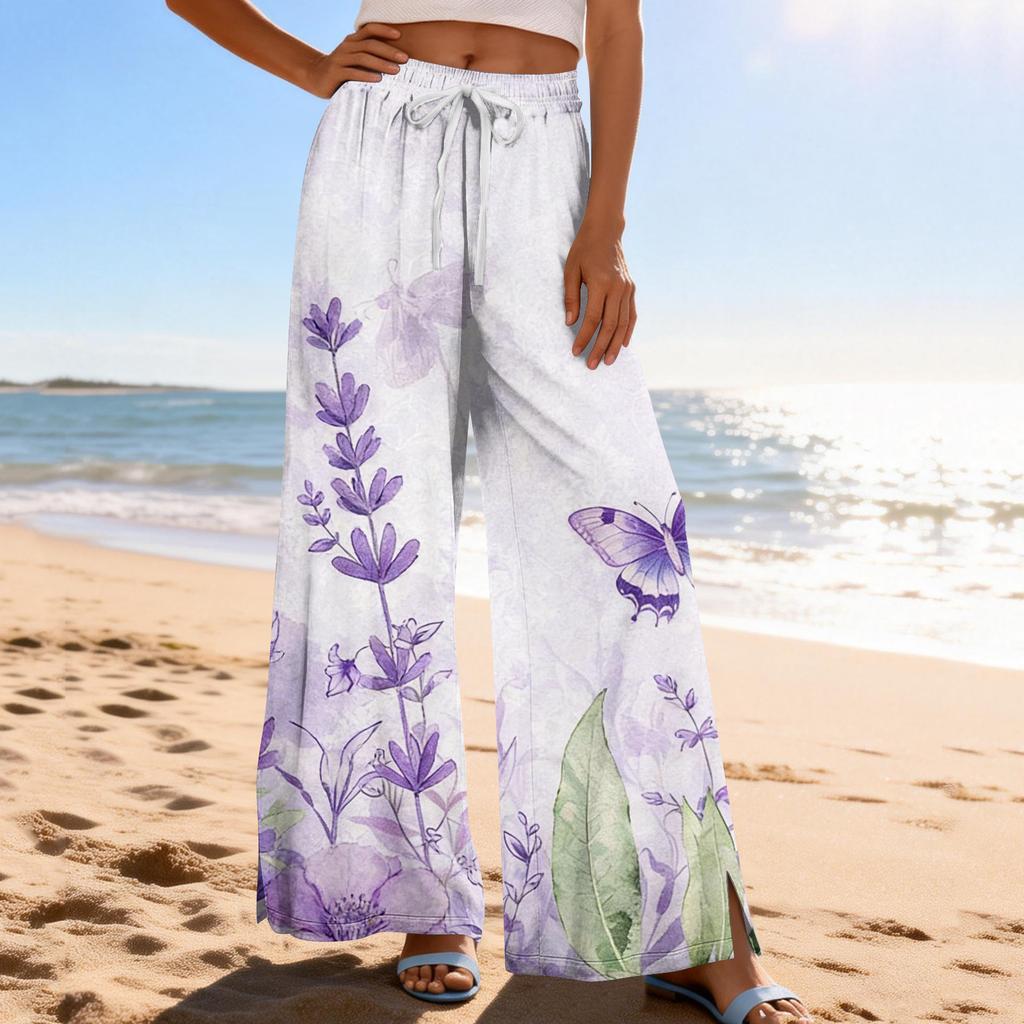Women Summer Boho Palazzo Pants High Waist Wide Leg Printing Casual Trousers With Pockets