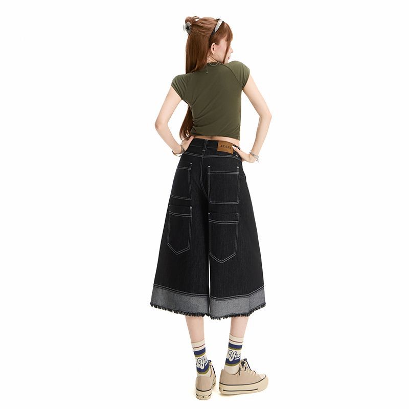 Fashion Summer Vintage Black Contrast Stitch Raw Edge Denim Cropped Capri Pants For Women Premium Wide Leg Loose Straight Slimming Style