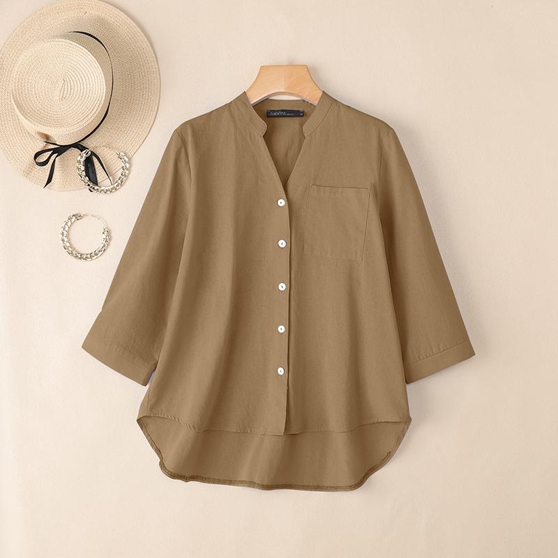 ZANZEA Women Casual V-Neck Solid Color Loose 3/4 Sleeve Cotton Blouse