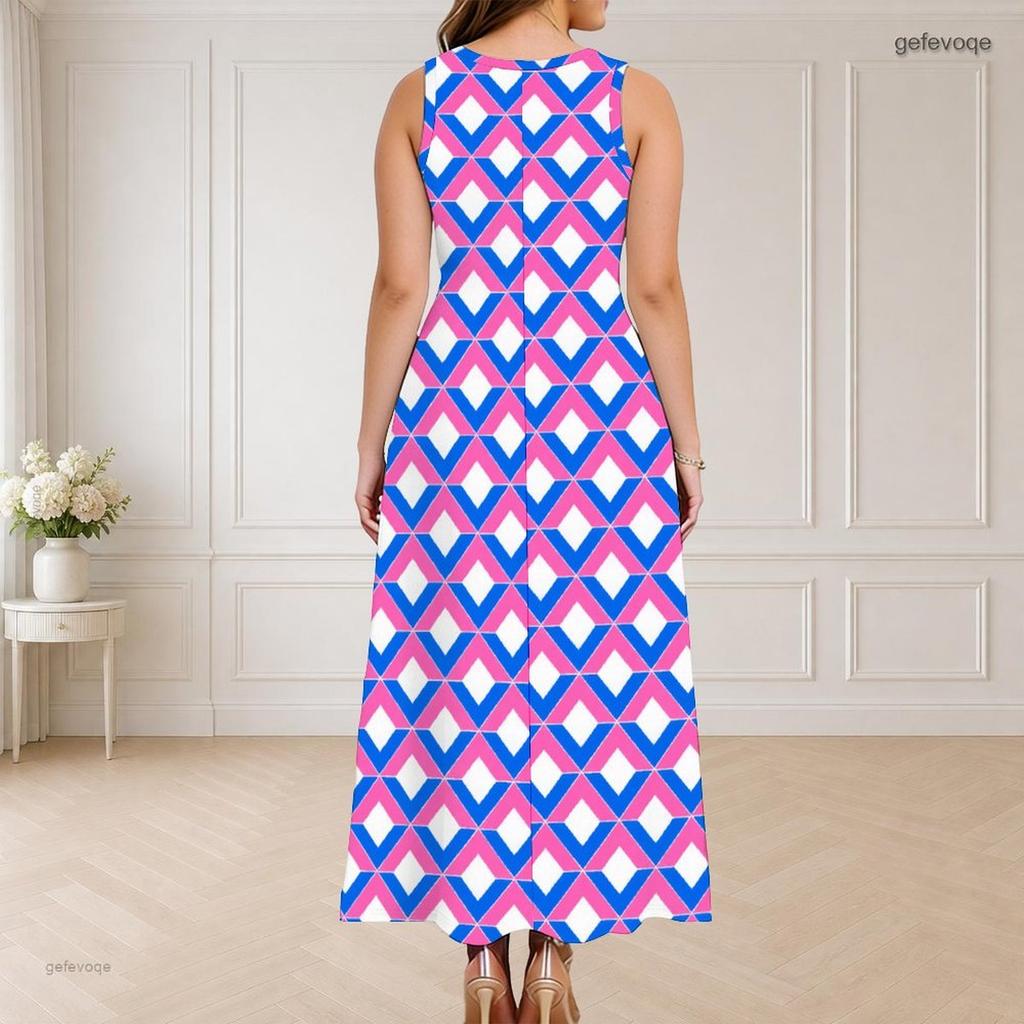 Women Plus Size Round Neck Triple Keyhole Cutout Sleeveless Printed Long Dress