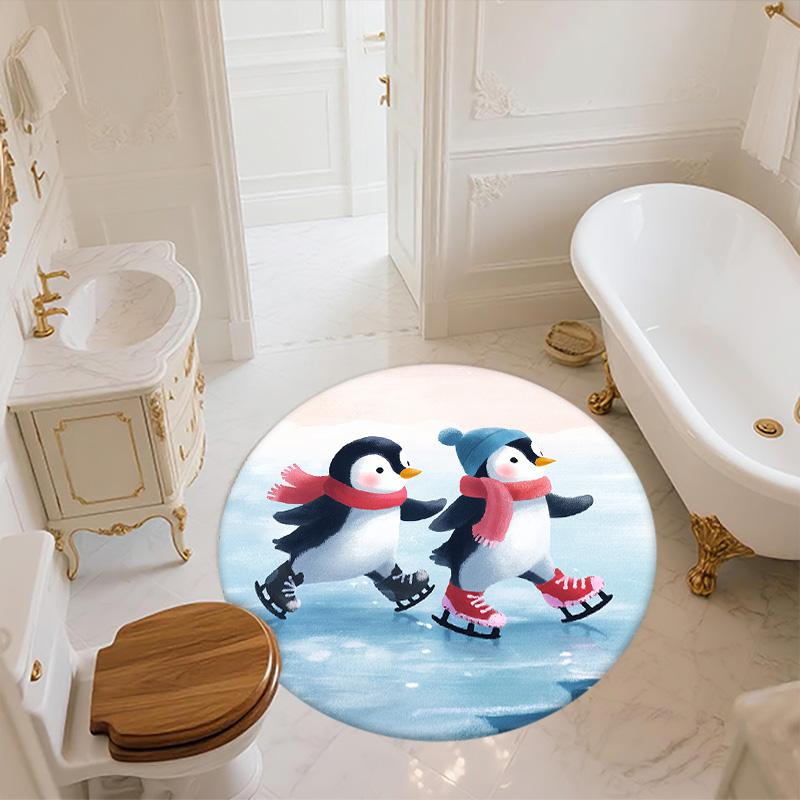 Snowy Day Penguin,Round Area Rug,Carpet Rug for Living Room Bedroom Sofa Playroom Decor,Non-slip Floor Mat