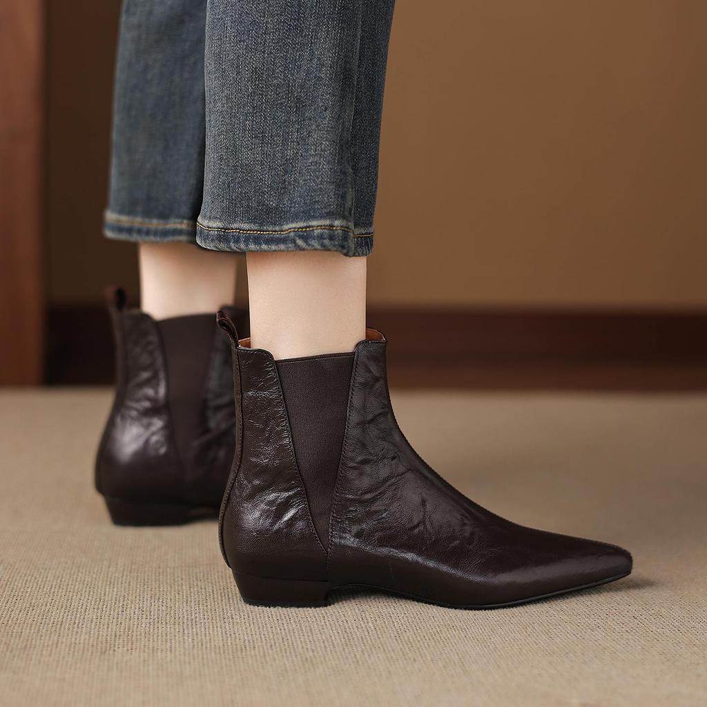 Krazing Pot Sheepskin Winter Pointed Toe Low Heels Chelsea Boots Women Slip On Elegant Women Ankle Boots