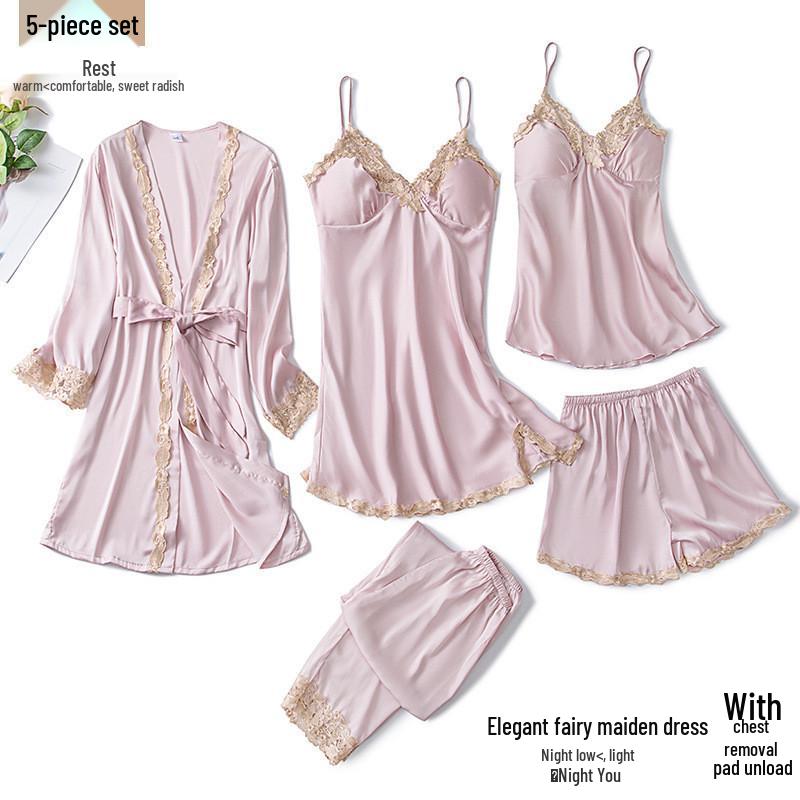Women's Sexy Spring & Autumn Silk Pajamas 5-Piece Set: Thin Summer Ice Silk Nightdress & Robe with Chest Pad.