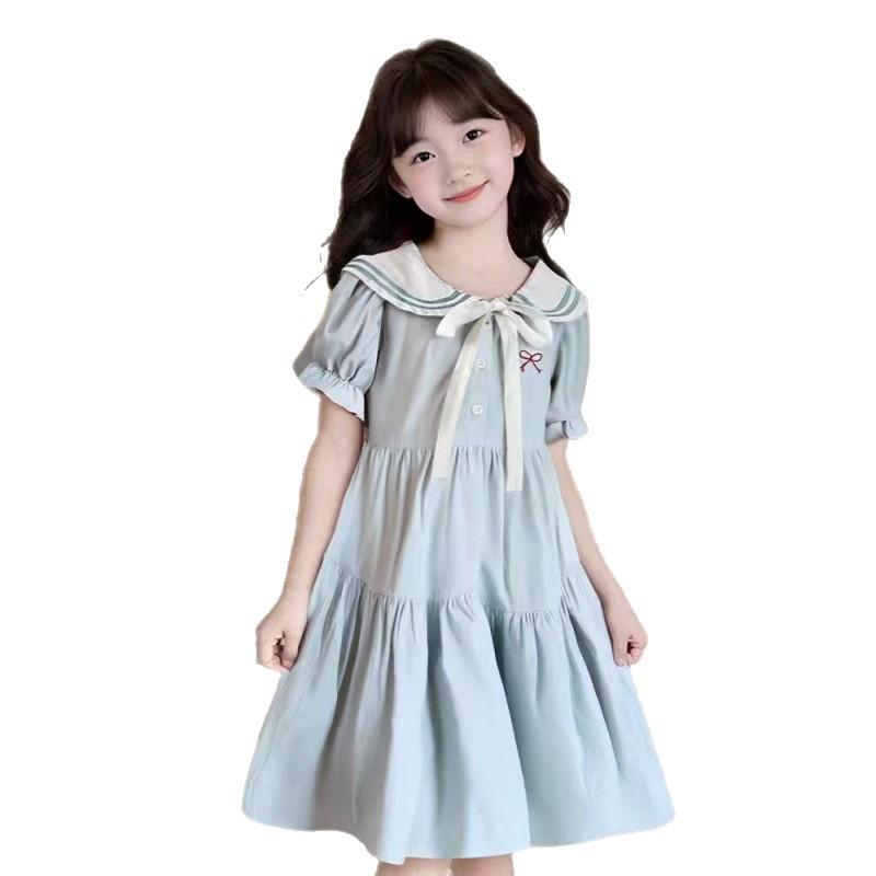 Girls Navy Collar Short Sleeve Dress Preteen Academic Princess Skirt For Students