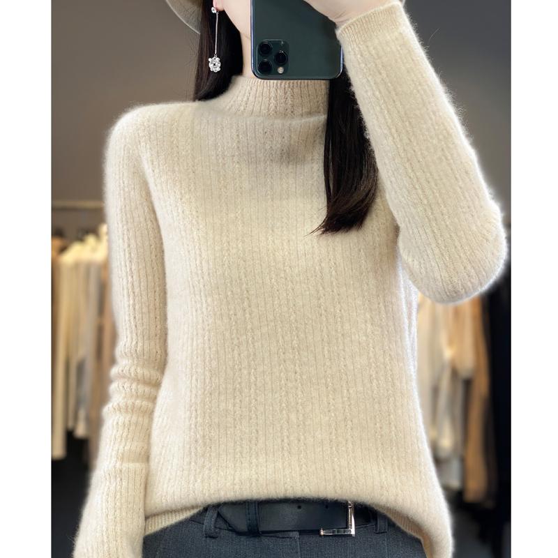 Damski sweter z półgolfem, kaszmir Qinghe, 30% kaszmiru, 70% wełny, zimowy sweter dzianinowy, jesienny sweter kaszmirowy