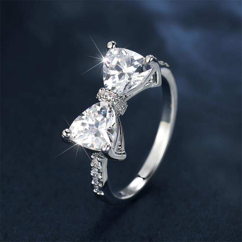 Luxury Female Charm Cute Bowknot Silver Color Wedding Jewelry For Women White Crystal Stone Engagement Ring