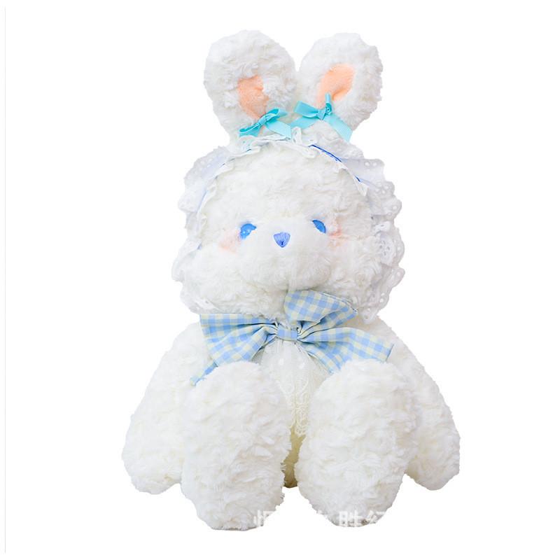 Plush Rabbit Bear Doll With Lace And Checkered Bow Decor For Girls Kids Birthday Gift And Sleep Support