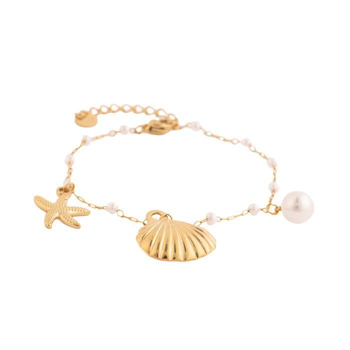 Bracelet - LUXENTER - Brisa Marina - perle blanche - finition or jaune 18 carats - motifs maritimes