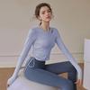 Top da donna a maniche lunghe da yoga con collo rotondo, elastico sottile, traspirante, ad asciugatura rapida, tinta unita, design con coulisse, palestra, atletico, yoga, corsa