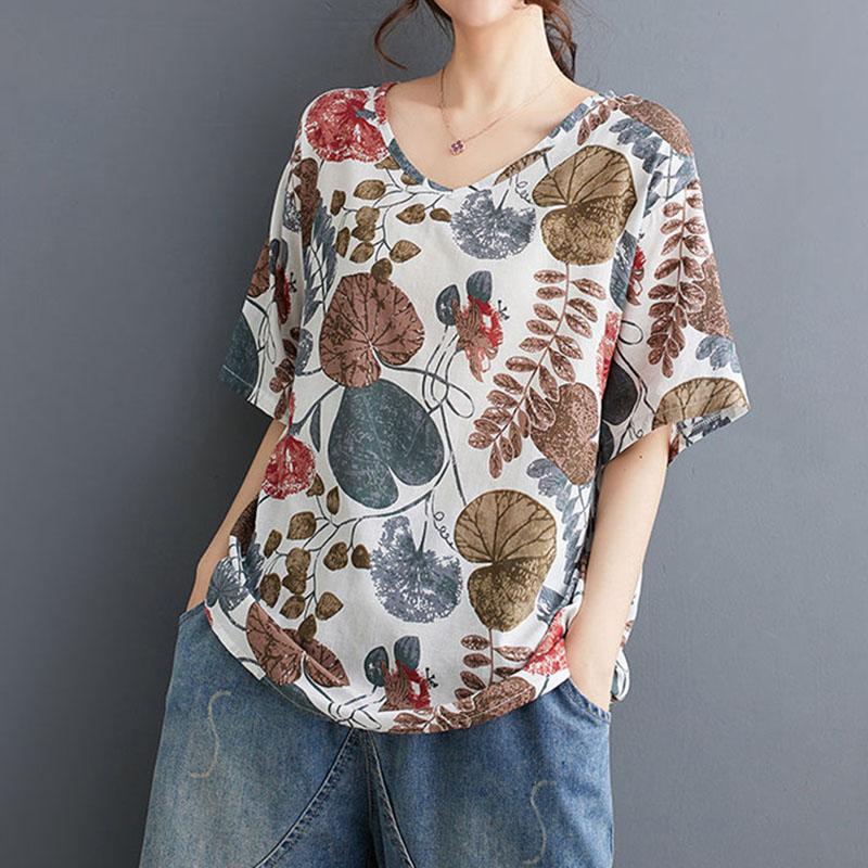 T-shirt damski letni duży rozmiar bawełniany T-shirt miękki luźny z nadrukiem casualowy wygodny wkładany T-shirt top