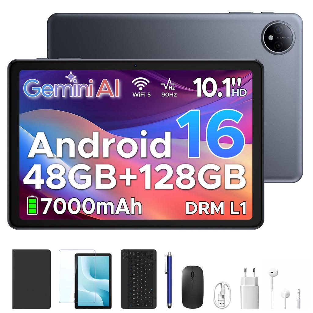 AP10 10.1 inch, 48GB RAM+128GB ROM,  Android 16 Tablet with Gemini AI, 7000mAh, 90Hz, Dual Speakers, Headphone, Tablet with Keyboard, Pen, Case