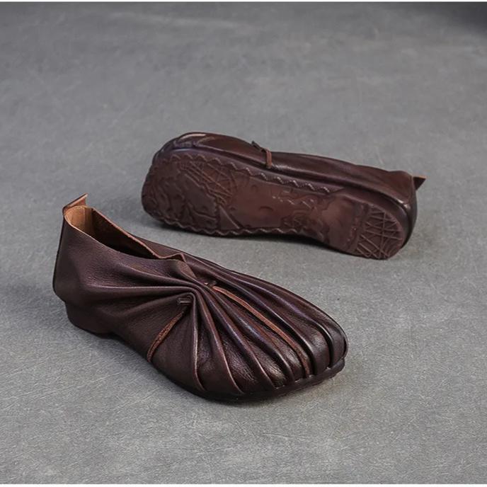 Johnature Retro Handmade Pleated Flats Genuine Leather Round Toe Soft Soled Lightweight Women's Slip-on Shoes