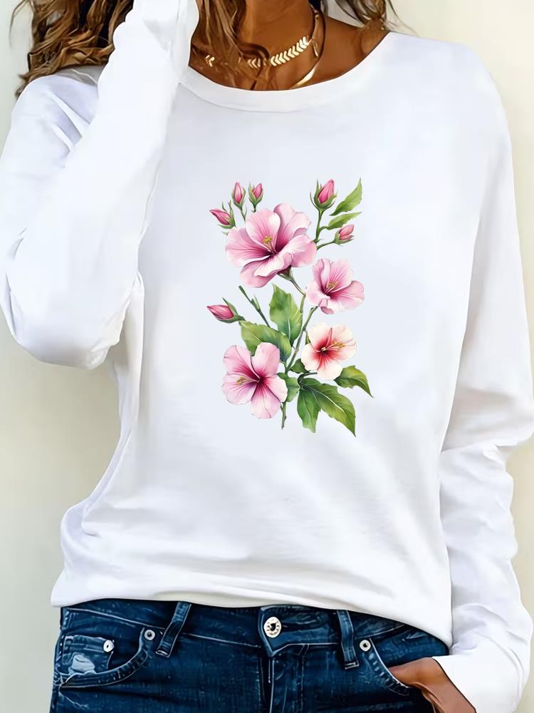 (Asian Size) Love Heart Watercolor Trend Tee Lady Printed O-neck Long Sleeve T Shirt Women Female Clothing Casual Fashion Top Graphic T-shirts