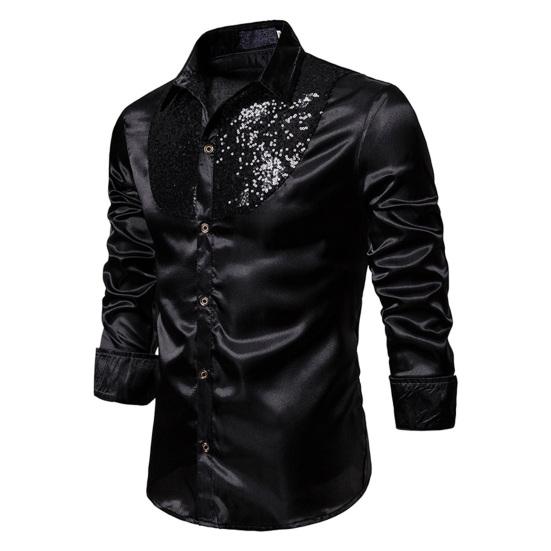 Men Retro Glossy Shirt Lapel Button-up Shirt with Sequins Vintage Formal Shirt for Disco Bars Nightclubs Parties