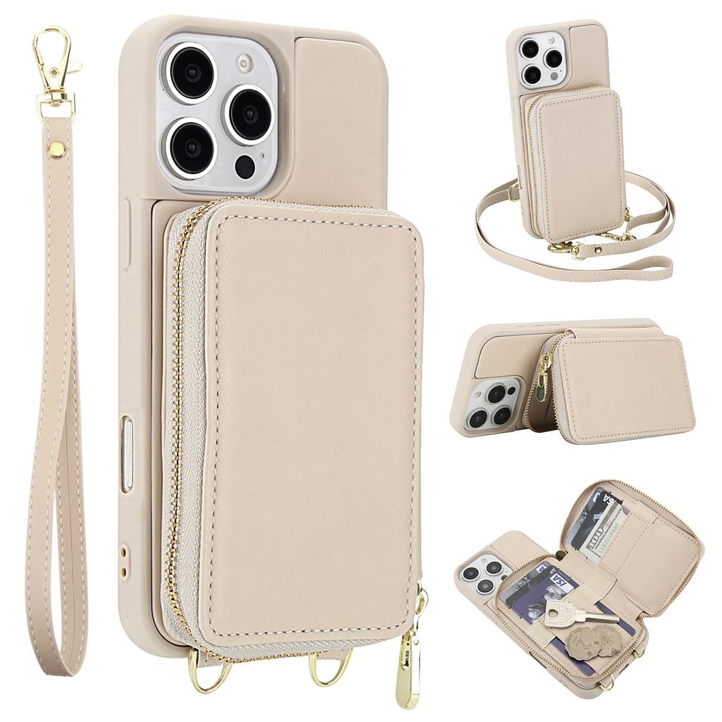 For iPhone 16 Pro Case RFID Blocking Zipper Wallet Leather + TPU Phone Cover with Shoulder Strap