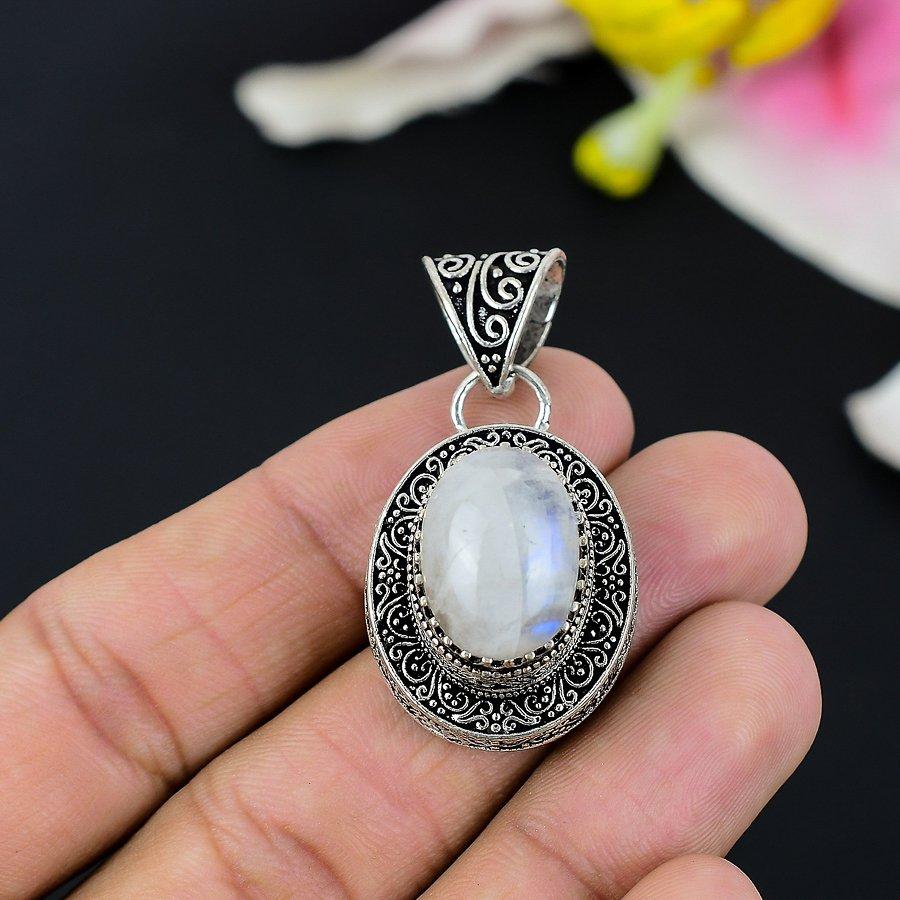 Rainbow Moonstone Gemstone 925 Sterling Silver Jewelry Pendant 2.76" KG-95
