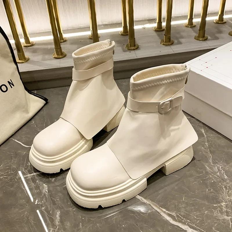 fashion Belt Buckle Punk Boots Women New  Fashion Back Zippers Ankle Boots Female Thick Sole Elevated Booties High Platform Shoes 2024