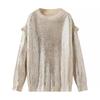 2024 Women's European & American Style Mid-Length Metal Round Neck Pullover Sweater