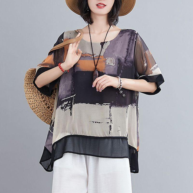 Summer New Oversize Chiffon Shirt Women Round Neck Short Sleeve Vintage Printing Pullovers Female Loose Casual Lace Tops
