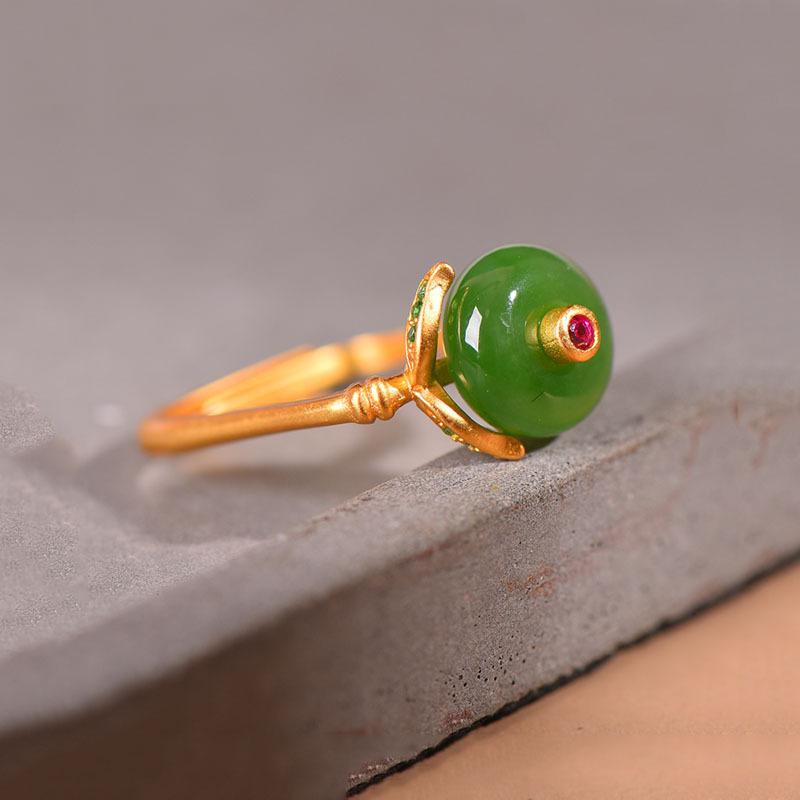 Ancient Gold Craft Natural Hetian Jade Vintage Charm Unique Square Design Rings For Women Adjustable Stylish Fresh Party Jewelry