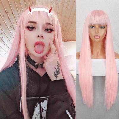 Lange gerade rosa Perücke für Frauen mit Pony, synthetische Faser, rosa Farbe, modische Damen-Perücke für den täglichen Gebrauch, Cosplay