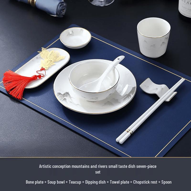 Chinese Artistic Mountain & River Gold Rim Bone China Sauce Dish Set