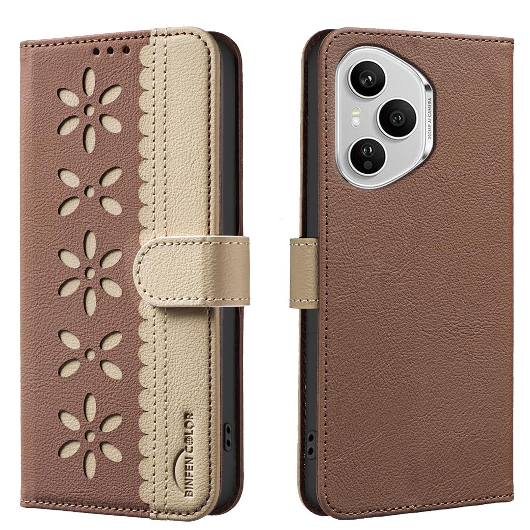 

Для Honor 400 Pro 5G (Глобальный) Кожаный чехол BINFEN COLOR BF36 с цветочным узором, чехол для телефона, кошелек с RFID-блокировкой, подставка Brown