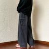 Men/Women Oversized Cargo Pants Vintage Drawstring Multiple Pockets Elastic Waist Solid Color Baggy Denim Pants Wide Leg Trouser
