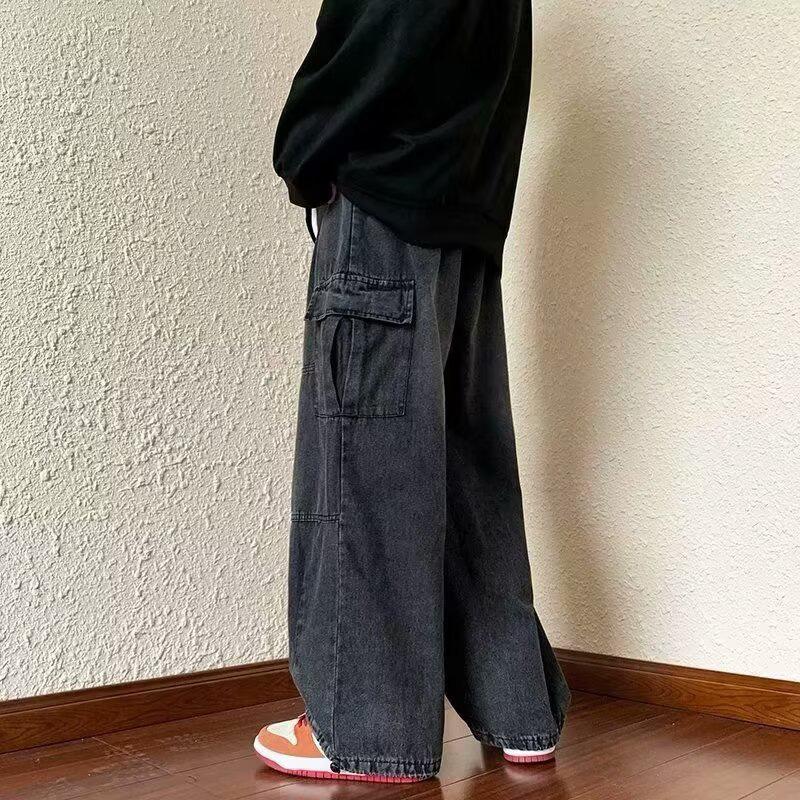 Men/Women Oversized Cargo Pants Vintage Drawstring Multiple Pockets Elastic Waist Solid Color Baggy Denim Pants Wide Leg Trouser