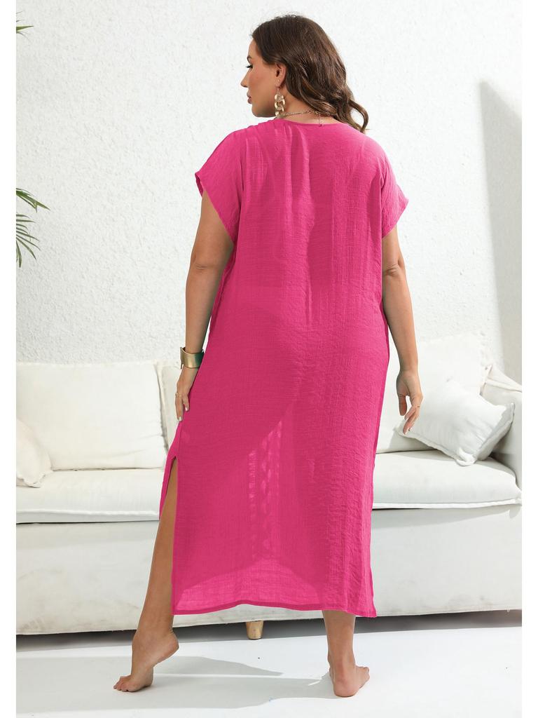 Plus Size Hand-Crocheted Color Block Deep V Slit Beach Cover-Up Dress