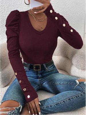 Women's V-Neck Long-Sleeved Casual T-Shirt with Button Details