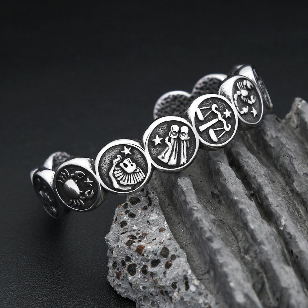 New 316L Stainless Steel Opening Cuff Bracelet For Men Women  Punk 12 Constellation Charm Bracelets Couple Jewelry Gifts