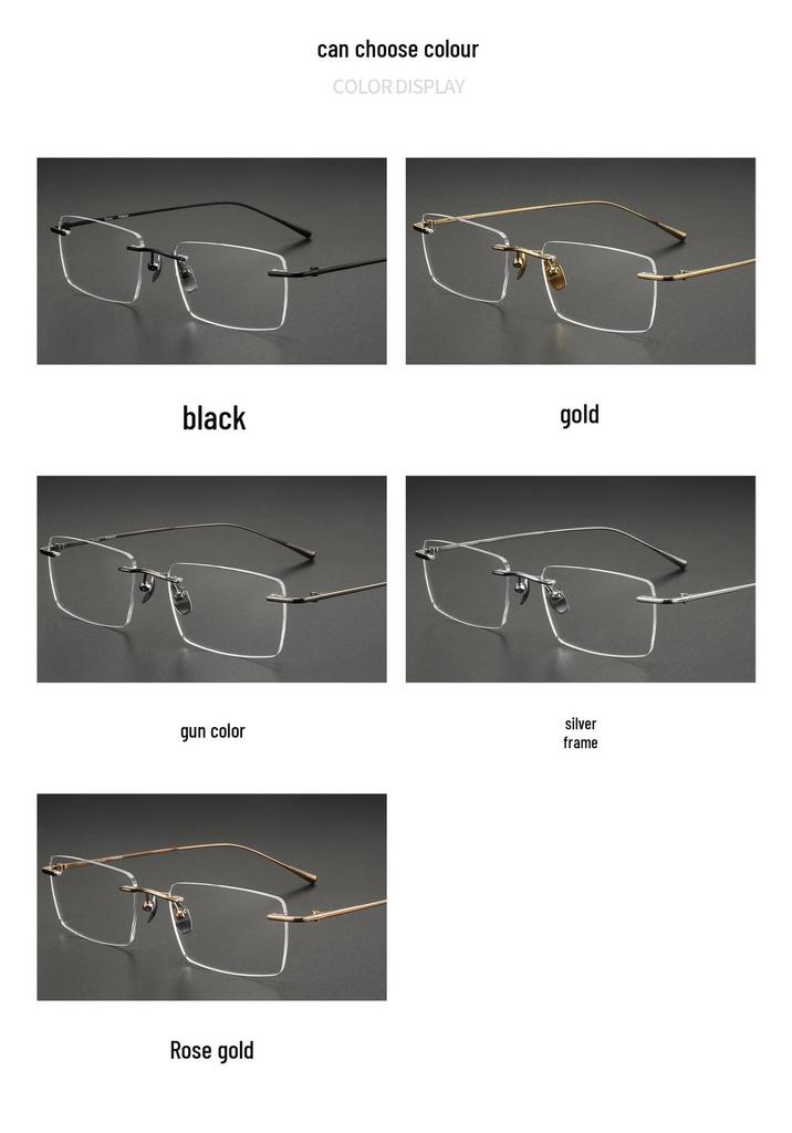 Pure Titanium Men's Square Rimless Myopia Glasses with Vacuum IP Electroplating