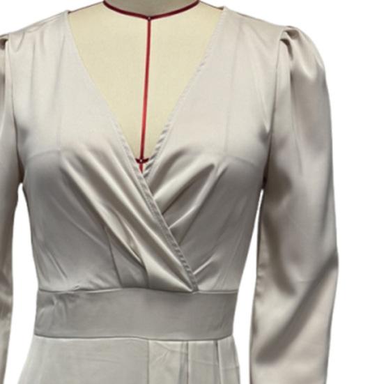 Women's V Neck Long Sleeve Satin Dress Split Ruffle Hem Wrap Midi Dress Formal Cocktail Wedding Guest Dress