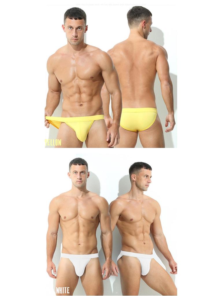 Men's Low Waist Ice Silk Triangle Briefs - High Elasticity, High Cut, European Size, Solid Color 3D Design.