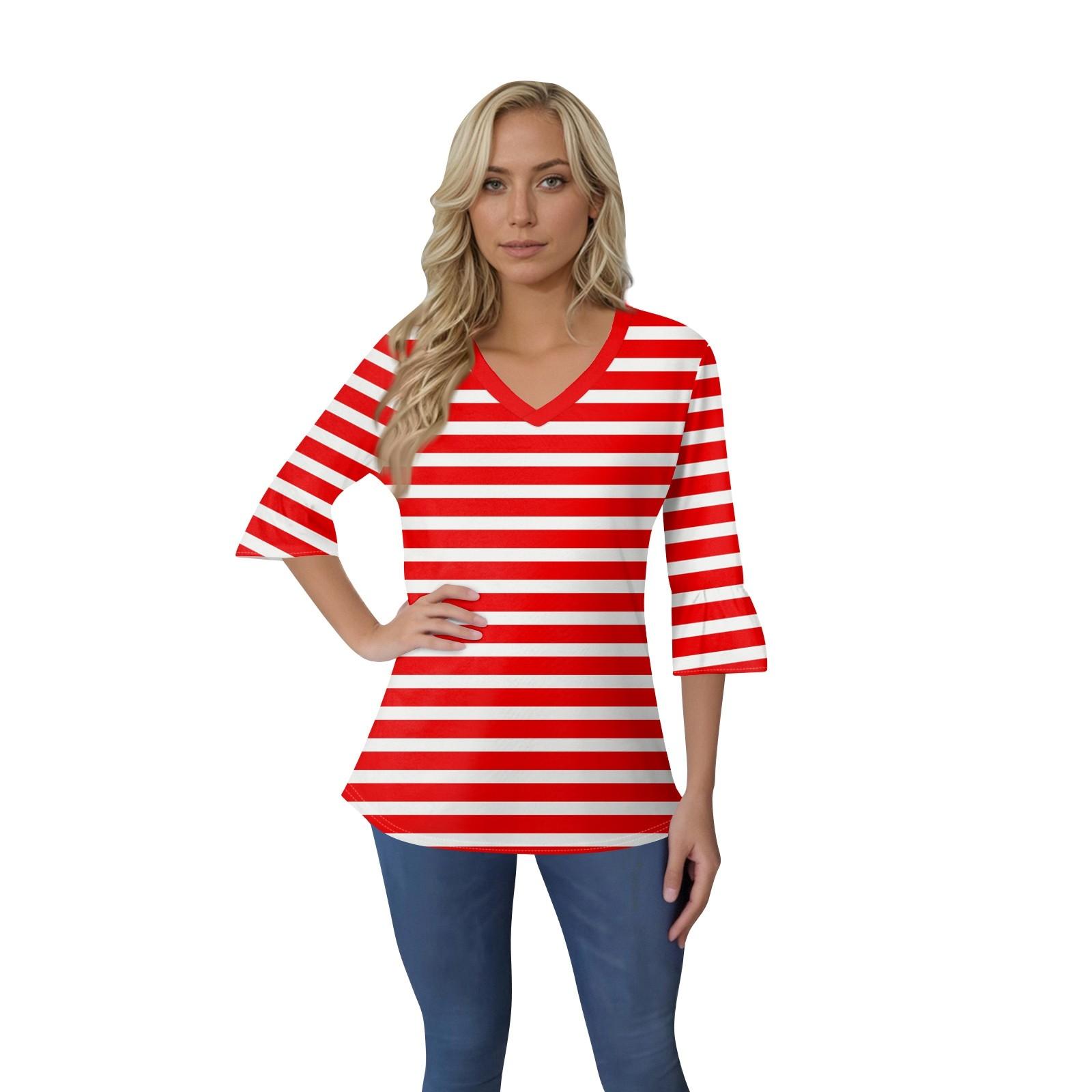 

Women s Casual 3/4 Sleeve Top Summer V-neck Puffy Sleeve T-shirt Top XXL красный