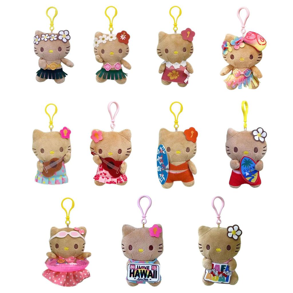 Adorable Cartoon Black Cat Plush Keyring with Surfing Beach Ring Pendant