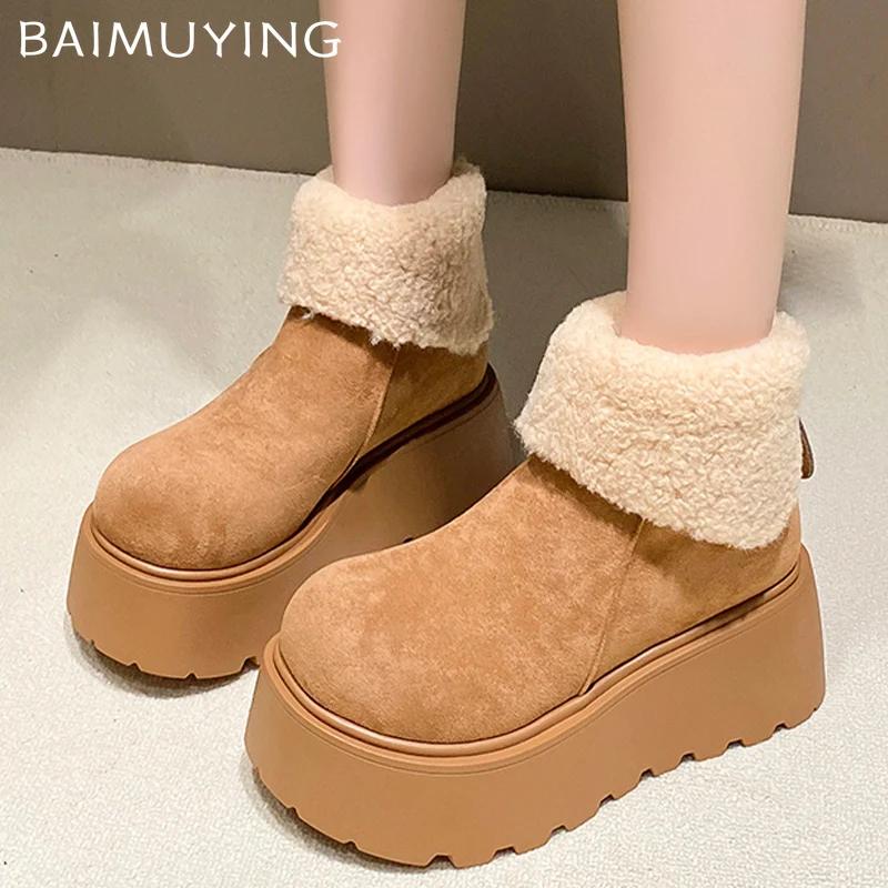 Kozačky dámské na platformě kožešinové kotníkové semišové krátké plyšové střední podpatky bavlněné boty 2025 trend teplé ležérní zimní nové boty pro ženy