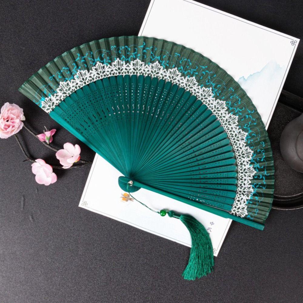 Lace Trim Color Changing Folding Fan Silk Cloth Bamboo Folding Fan  Dance Performance