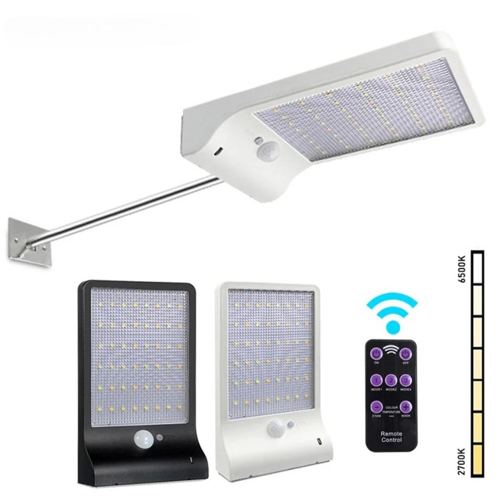 Luz de Rua Solar com Sensor de Movimento PIR 48 LEDs 3 Modos Dimerizável Lâmpada de Parede Solar para Exterior à Prova d'Água Caminho do Quintal Casa Jardim