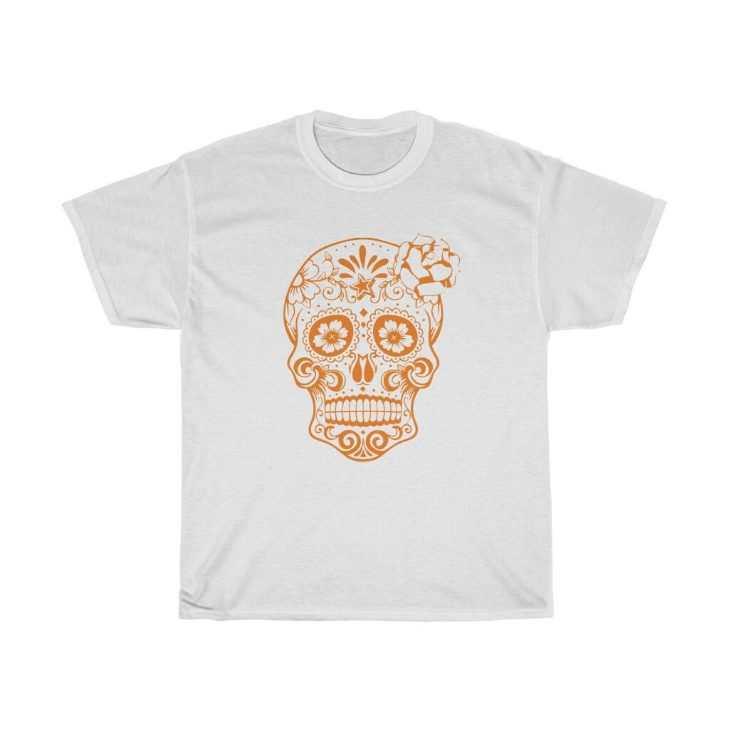 Sugar Skull Halloween Orange and Black Unisex Heavy Cotton Tee S